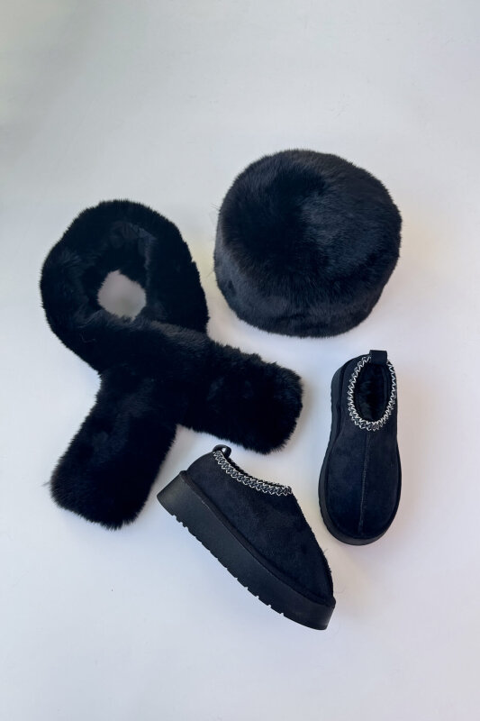 SET2032 Siyah Bilek Boy Bot - Kürklü Şapka - Şal Üçlü Set - 1