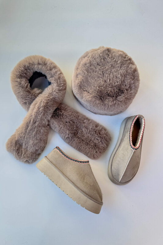 SET2032 Vizon Bilek Boy Bot - Kürklü Şapka - Şal Üçlü Set - 1