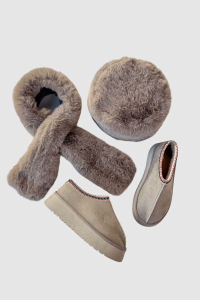 SET2032 Taş Bilek Boy Bot - Kürklü Şapka - Şal Üçlü Set - Cappmoda