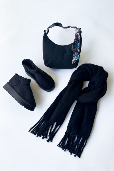SET2033 Siyah Orta Boy Bot - Fularlı Çanta - Şal Üçlü Set - Cappmoda