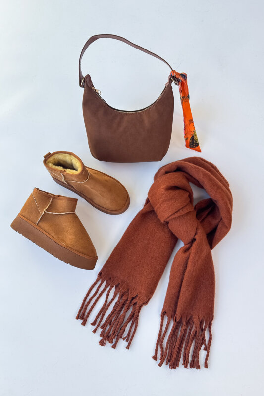 SET2033 Taba Orta Boy Bot - Fularlı Çanta - Şal Üçlü Set - 1