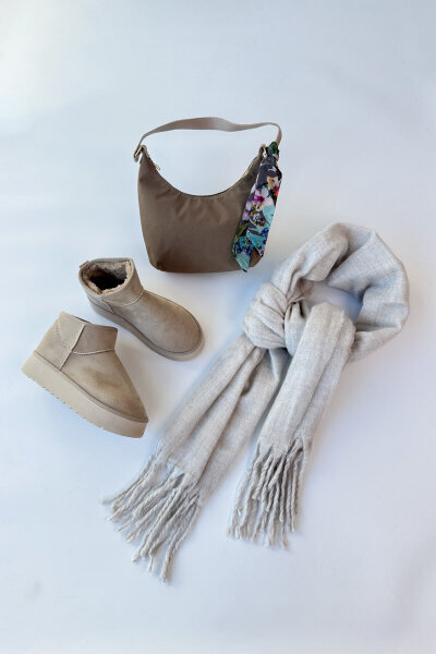 SET2033 Taş Rengi Orta Boy Bot - Fularlı Çanta - Şal Üçlü Set - Cappmoda