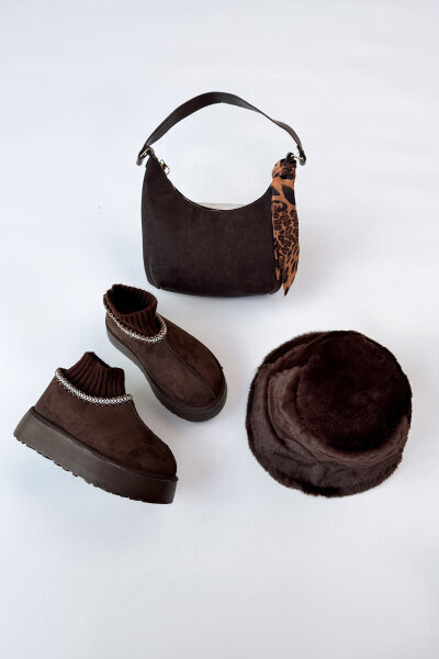 SET2034 Acı Kahve Örgü Bilek Bot - Fularlı Çanta - Peluş Şapka Üçlü Set - Cappmoda