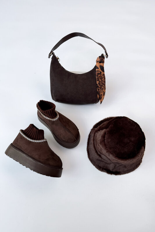 SET2034 Acı Kahve Örgü Bilek Bot - Fularlı Çanta - Peluş Şapka Üçlü Set - 1