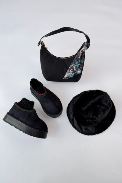 SET2034 Siyah Örgü Bilek Bot - Fularlı Çanta - Peluş Şapka Üçlü Set - Cappmoda