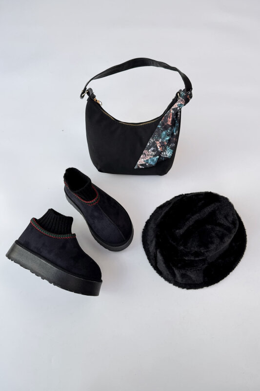 SET2034 Siyah Örgü Bilek Bot - Fularlı Çanta - Peluş Şapka Üçlü Set - 1