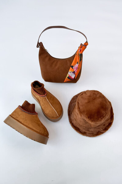 SET2034 Taba Örgü Bilek Bot - Fularlı Çanta - Peluş Şapka Üçlü Set - Cappmoda