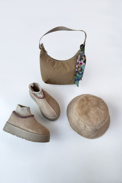 SET2034 Vizon Örgü Bilek Bot - Fularlı Çanta - Peluş Şapka Üçlü Set - Cappmoda