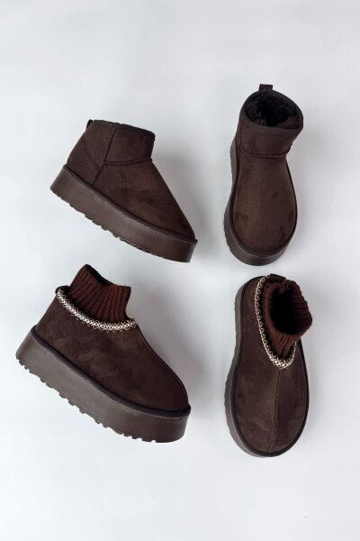 SET2035 Acı Kahve Örgü Bilek - Orta Boy İkili Bot Seti - Cappmoda