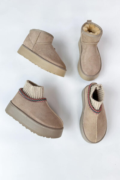 SET2035 Taş Rengi Örgü Bilek - Orta Boy İkili Bot Seti - Cappmoda