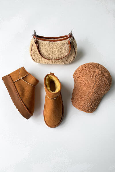 SET2037 Taba Orta Boy Bot - Mini Çanta - Peluş Cap Üçlü Set - Cappmoda