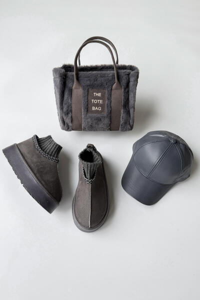 SET2038 Füme Örgü Bilek Bot - Tote Çanta - Deri Capp Üçlü Set - Cappmoda