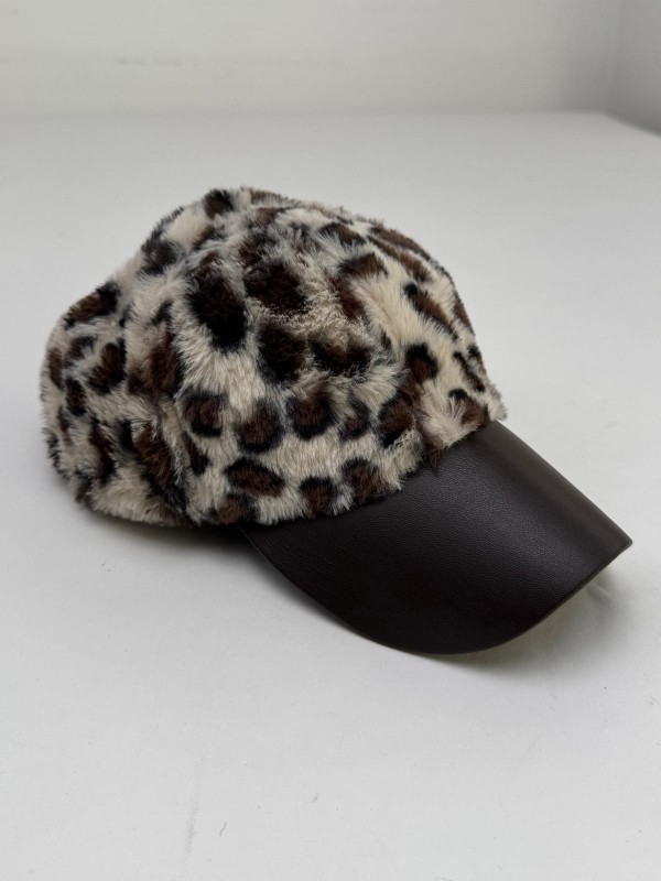 ŞPK-2007 Acı Kahve Leopar Desenli Peluş Cap Şapka - 1