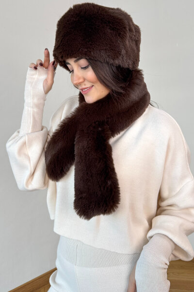 2011 Acı Kahve İthal Kürklü Börk Şapka & Geçirmeli Kürklü Şal Seti - Cappmoda (1)