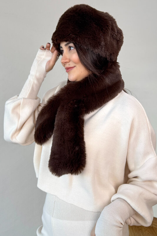 2011 Acı Kahve İthal Kürklü Börk Şapka & Geçirmeli Kürklü Şal Seti - 3