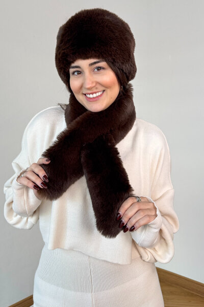 2011 Acı Kahve İthal Kürklü Börk Şapka & Geçirmeli Kürklü Şal Seti - Cappmoda