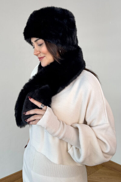 2011 Siyah İthal Kürklü Börk Şapka & Geçirmeli Kürklü Şal Seti - Cappmoda (1)