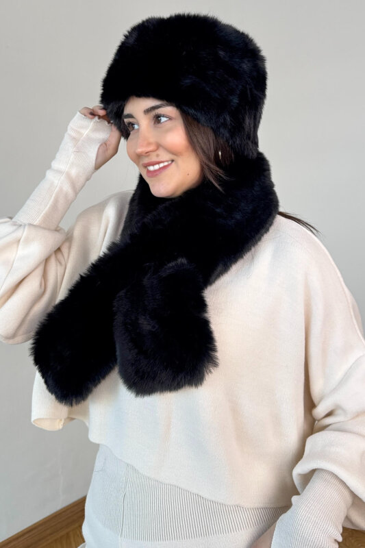 2011 Siyah İthal Kürklü Börk Şapka & Geçirmeli Kürklü Şal Seti - 3