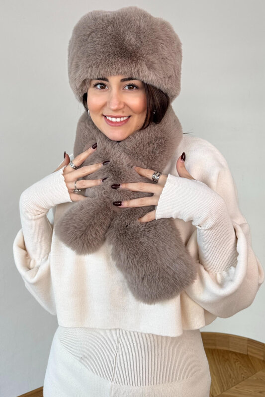 2011 Taş Rengi İthal Kürklü Börk Şapka & Geçirmeli Kürklü Şal Seti - 3
