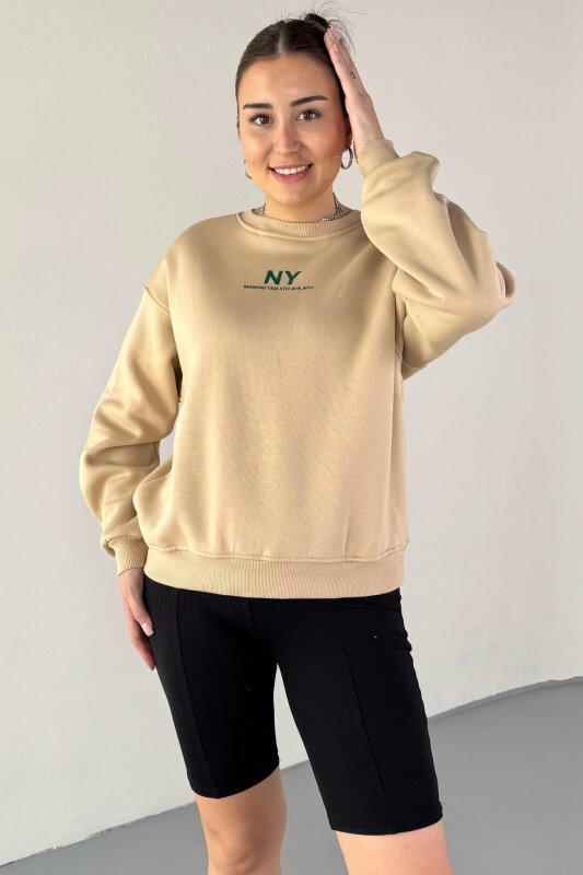 SWT-106 Bej NY Manhattan Baskılı Sweatshirt - 1