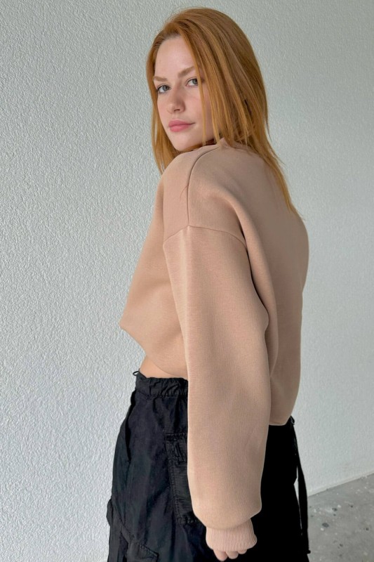 SWT-14237 Vizon Love Nakışlı Bisiklet Yaka Üç İplik Şardonlu Sweatshirt - 2