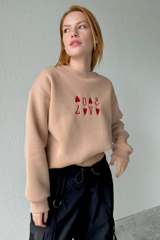 SWT-14237 Vizon Love Nakışlı Bisiklet Yaka Üç İplik Şardonlu Sweatshirt - 3
