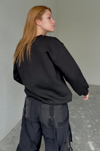 SWT-14246 Siyah Dressing Tasarım Yazı Baskılı Üç İplik Şardonlu Sweatshirt - 2