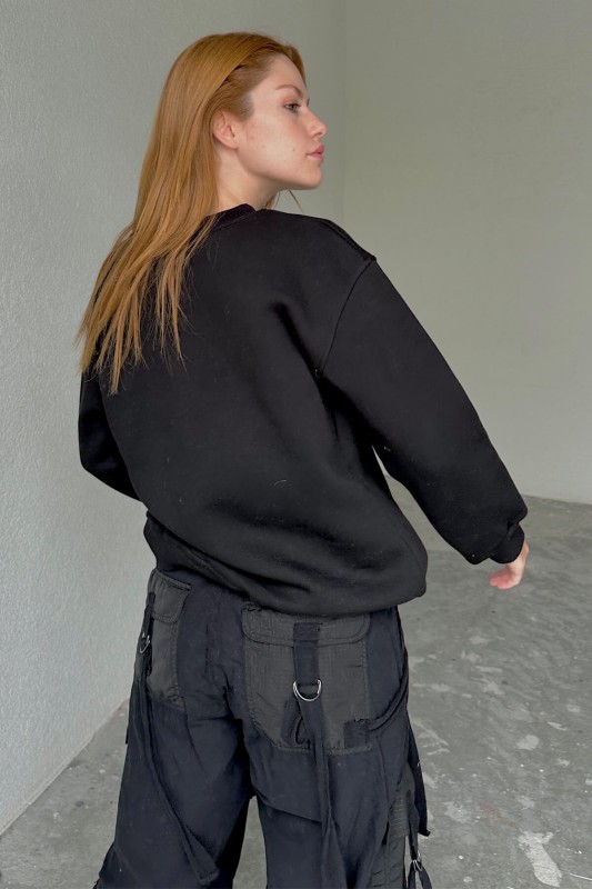 SWT-14246 Siyah Dressing Tasarım Yazı Baskılı Üç İplik Şardonlu Sweatshirt - 2