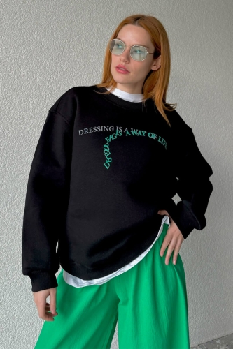 SWT-14246 Siyah Dressing Tasarım Yazı Baskılı Üç İplik Şardonlu Sweatshirt - 1