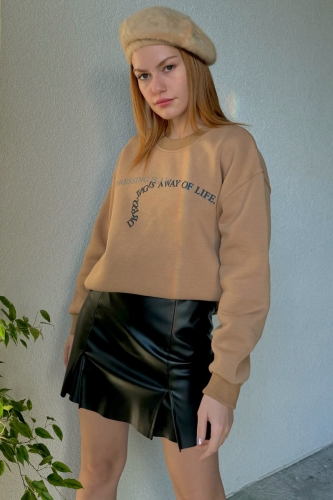 SWT-14246 Vizon Dressing Tasarım Yazı Baskılı Üç İplik Şardonlu Sweatshirt 