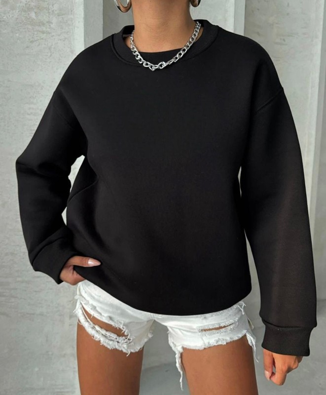 SWT-14256 Siyah Basic Üç İplik Şardonlu Sweatshirt - 1