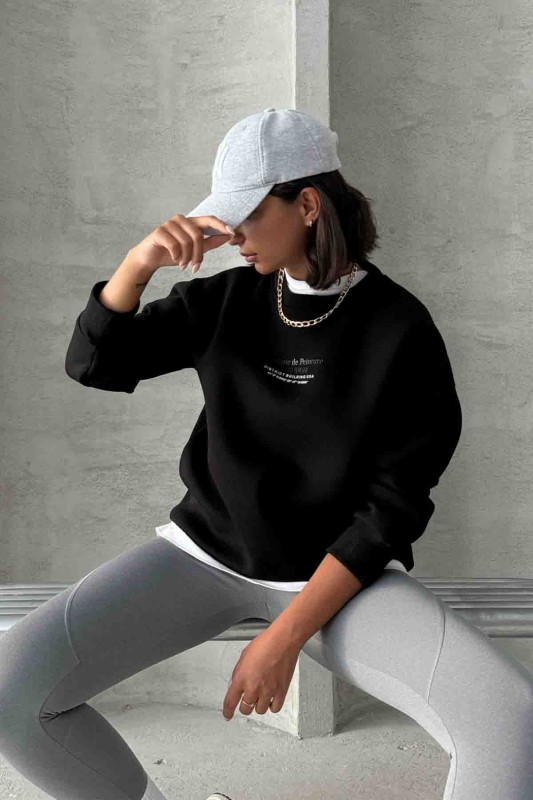 SWT-14257 Siyah Boutique Peinture Yazı Kabartma Baskılı Üç İplik Şardonlu Sweatshirt - 1