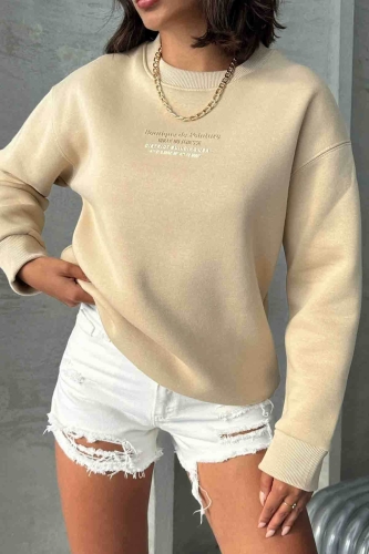 SWT-14257 Vizon Boutique Peinture Yazı Kabartma Baskılı Üç İplik Şardonlu Sweatshirt - 2