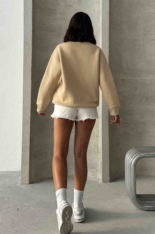 SWT-14257 Vizon Boutique Peinture Yazı Kabartma Baskılı Üç İplik Şardonlu Sweatshirt - 5