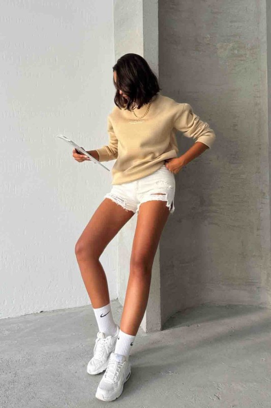 SWT-14257 Vizon Boutique Peinture Yazı Kabartma Baskılı Üç İplik Şardonlu Sweatshirt - 4