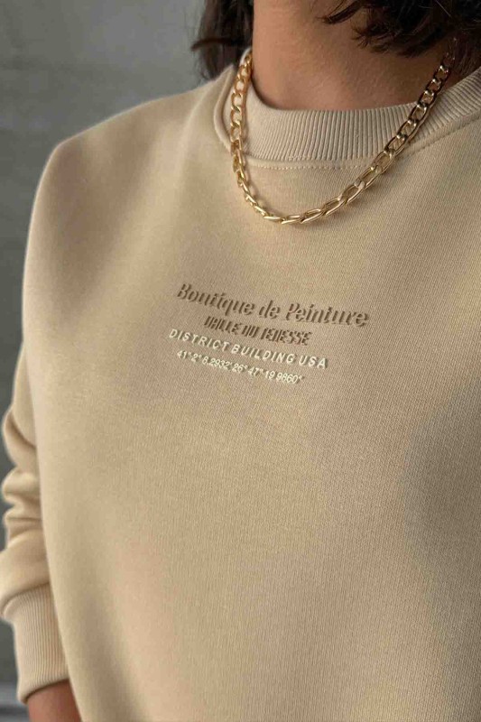 SWT-14257 Vizon Boutique Peinture Yazı Kabartma Baskılı Üç İplik Şardonlu Sweatshirt - 3