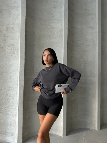 SWT-14258 Füme Basic İki İplik Şardonlu Mevsimlik Kumaş Bisiklet Yaka Sweatshirt 