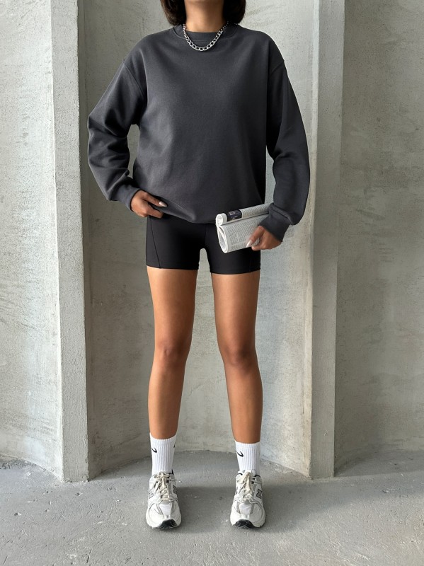 SWT-14258 Füme Basic İki İplik Şardonlu Mevsimlik Kumaş Bisiklet Yaka Sweatshirt - 3