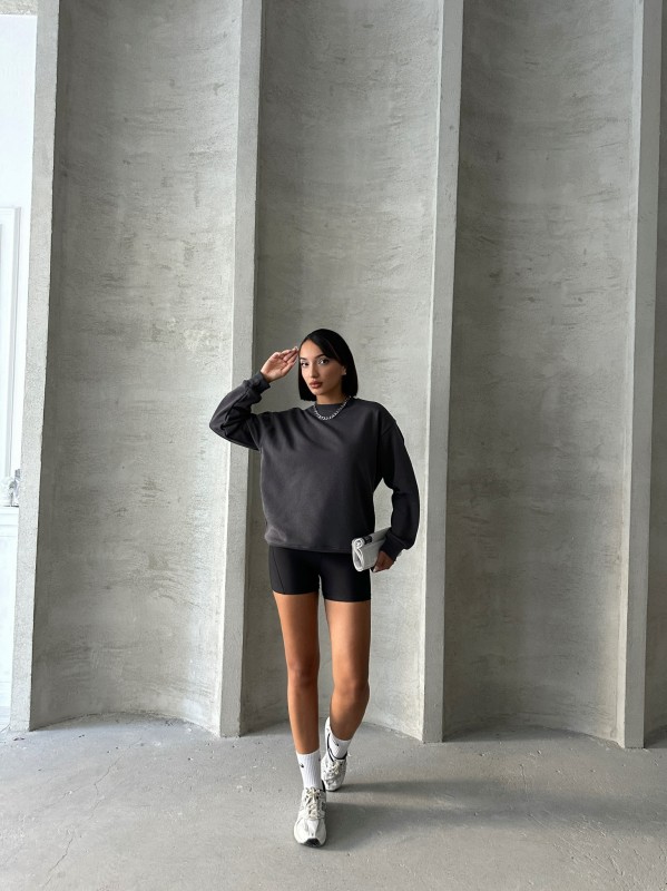 SWT-14258 Füme Basic İki İplik Şardonlu Mevsimlik Kumaş Bisiklet Yaka Sweatshirt - 4