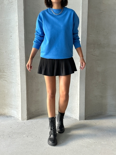 SWT-14258 Saks Mavisi Basic İki İplik Şardonlu Mevsimlik Kumaş Bisiklet Yaka Sweatshirt - 3