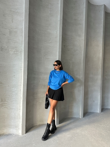 SWT-14258 Saks Mavisi Basic İki İplik Şardonlu Mevsimlik Kumaş Bisiklet Yaka Sweatshirt - 4