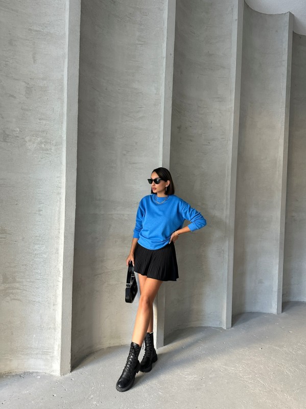 SWT-14258 Saks Mavisi Basic İki İplik Şardonlu Mevsimlik Kumaş Bisiklet Yaka Sweatshirt - 4