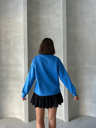 SWT-14258 Saks Mavisi Basic İki İplik Şardonlu Mevsimlik Kumaş Bisiklet Yaka Sweatshirt - 6