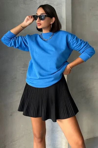 SWT-14258 Saks Mavisi Basic İki İplik Şardonlu Mevsimlik Kumaş Bisiklet Yaka Sweatshirt - 1