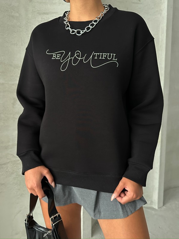 SWT-14260 Siyah Beatiful Kabartma Baskılı Bisiklet Yaka Üç İplik Şardonlu Sweatshirt - 2