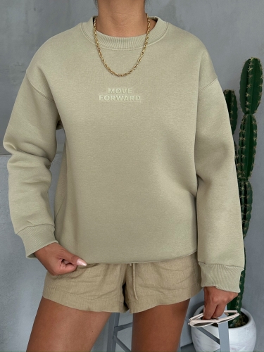 SWT-14262 Haki Move Forvard Kabartma Baskılı Üç İplik Şardonlu Bisiklet Yaka Sweatshirt - 2