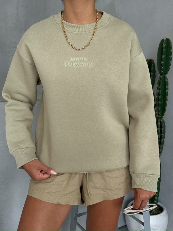 SWT-14262 Haki Move Forvard Kabartma Baskılı Üç İplik Şardonlu Bisiklet Yaka Sweatshirt - 2