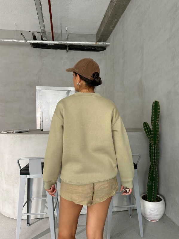 SWT-14262 Haki Move Forvard Kabartma Baskılı Üç İplik Şardonlu Bisiklet Yaka Sweatshirt - 7