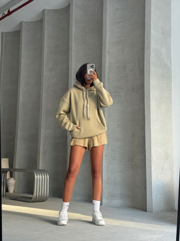 SWT-14263 Haki Çift Kordonlu Kapüşonlu Üç İplik Şardonlu Sweatshirt - 1