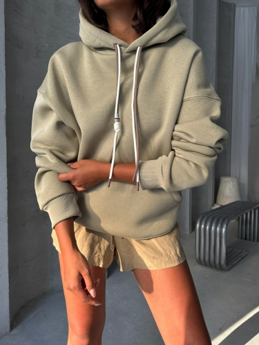 SWT-14263 Haki Çift Kordonlu Kapüşonlu Üç İplik Şardonlu Sweatshirt - 2